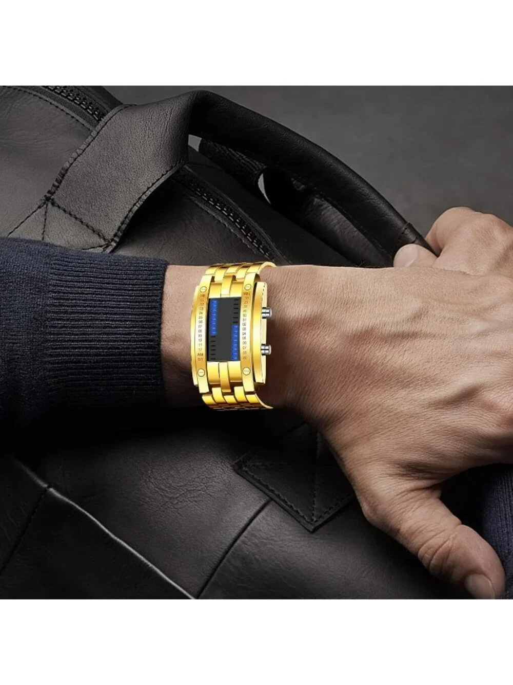 Men's Gold Analog Quartz Bracelet Waterproof Binary Matrix LED Digital Watch
